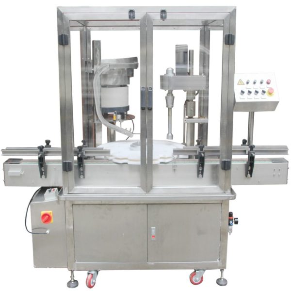 Automatic rotary capping machine for metallic pilferproof PFP, UT, and with or without flow regulator caps for glass bottles of olive oil, wine, ouzo, tsipouro, drinks