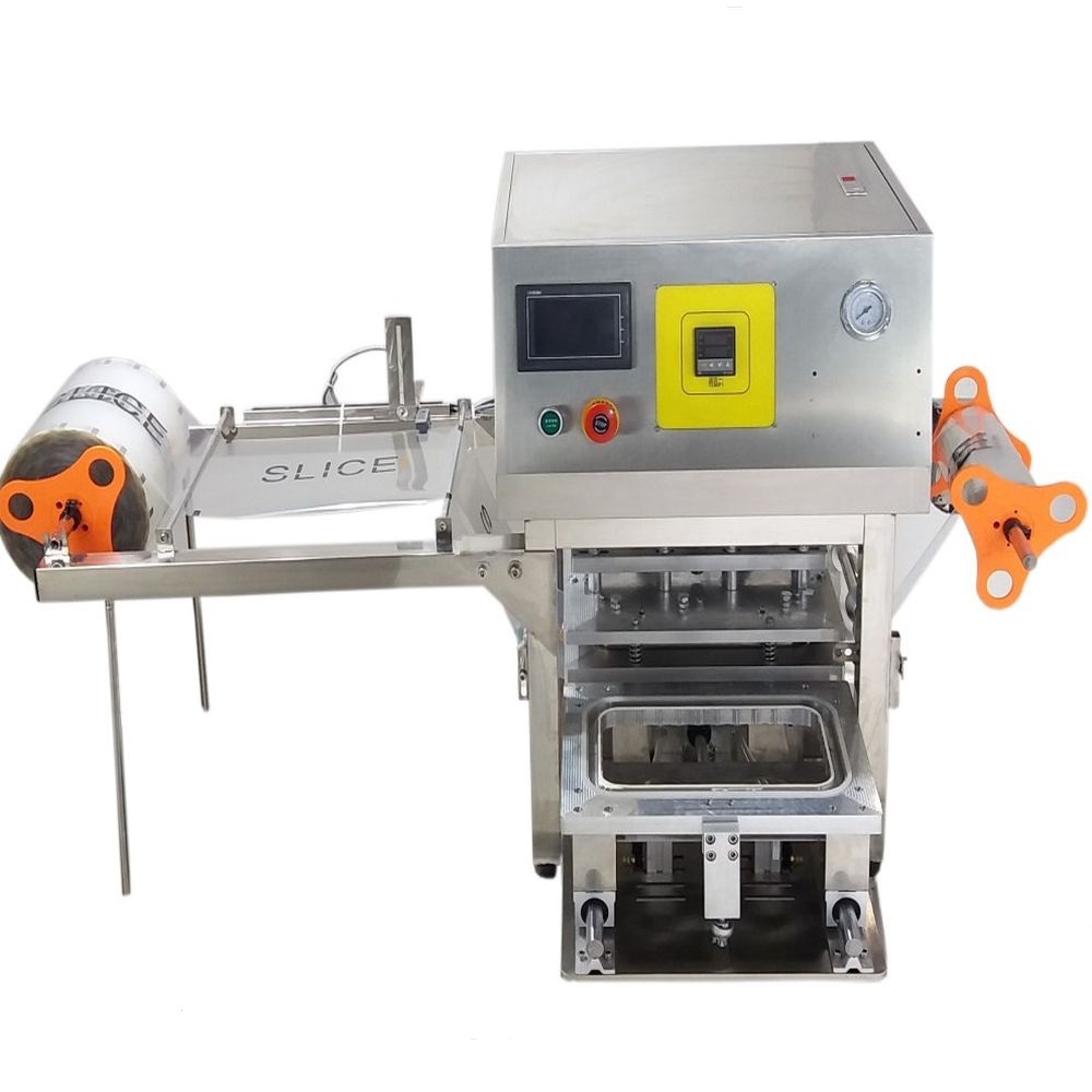 Semi automatic tray sealing machine yogurt cremes pickles olives paste ready meals  dry nuts  dried fruit and vegetables  dairy products