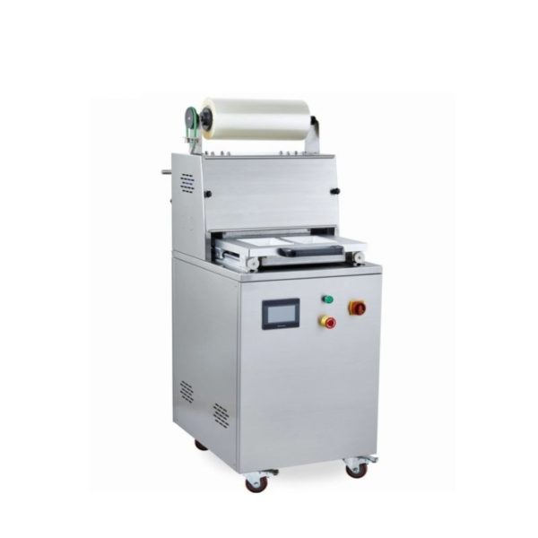 Semi automatic vacuum sealing machine with modified air (MAP)  Ideal for trays,   food (dairy, cheese, cold cuts, meat, fish, cremes, salads, pickles, olives, fruit, vegetables, paste, dry nuts, ready meals, etc.) chemicals cosmetics (face cremes, daily care products)