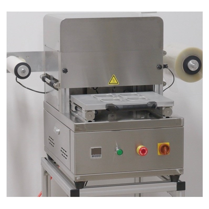 Semi automatic tray sealing machine for various tray cup dimensions dairy, cheese, cold cuts, meat, fish, cremes, salads, pickles, olives, fruit, vegetables, paste, dry nuts, ready meals, frozen products