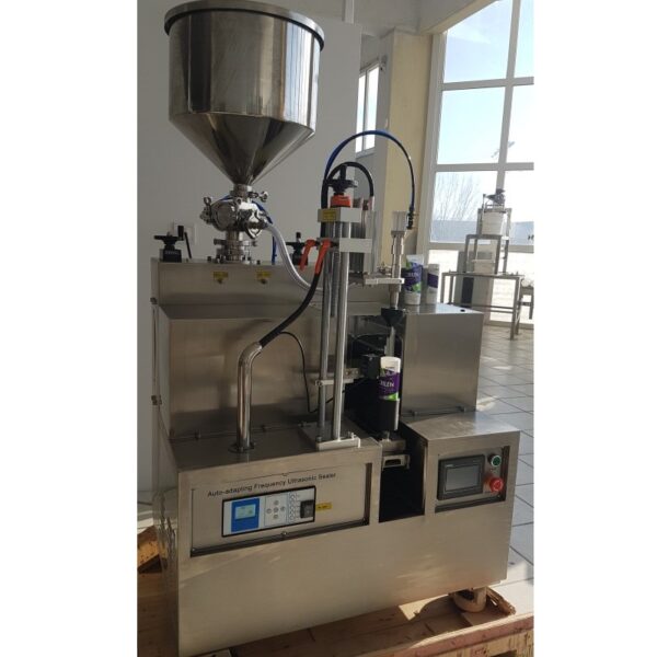 Semi automatic ultrasonic filling sealing packaging machine for viscous products in plastic tubes osmetics (creme face / body, toothpaste, shampoo, shower gel bath, lip balm) pharmaceuticals (ointments) chemicals (silicone, paints, glue, water colors)