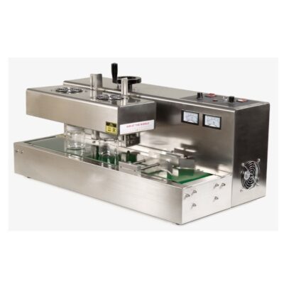 Semi automatic desktop air-cooled induction sealing machine of continuous flow.  Ideal for products such as,  food (ketschup, mustard, mayonaisse, kids drinks, milk, cacao, spices, etc.) cosmetics (face / body cremes, etc.) medicine (pills, food supplements, vitamins, etc.) chemicals (pesticides, lubricants etc.)