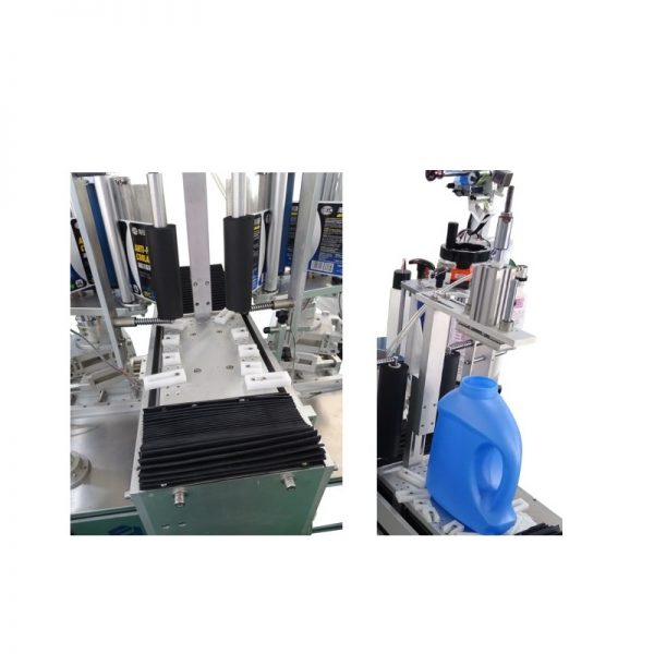 Semi automatic labelling machine for two labels at the back and front of the containers olive oil detergents shoe paints car oils shampoo shower gel bath